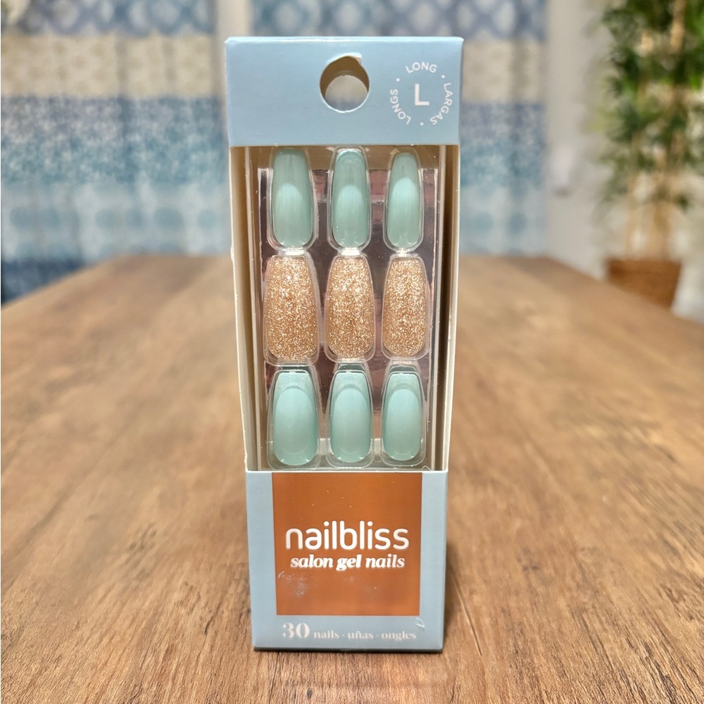 Nailbliss Salon Gel Nails Mediterranean Muse Long Mint Gold Glitter L